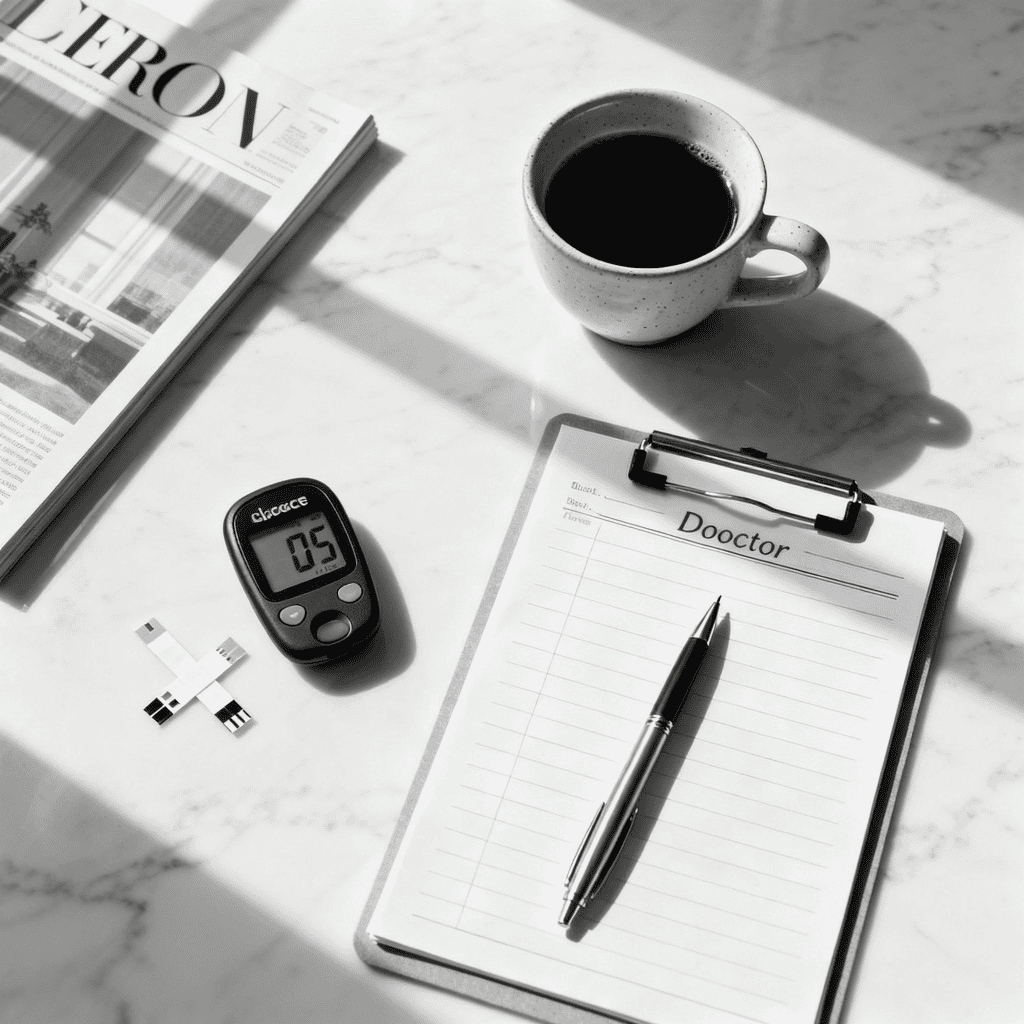 Black coffee in ceramic cup, glucose meter test strips and doctor notepad on white marble surface