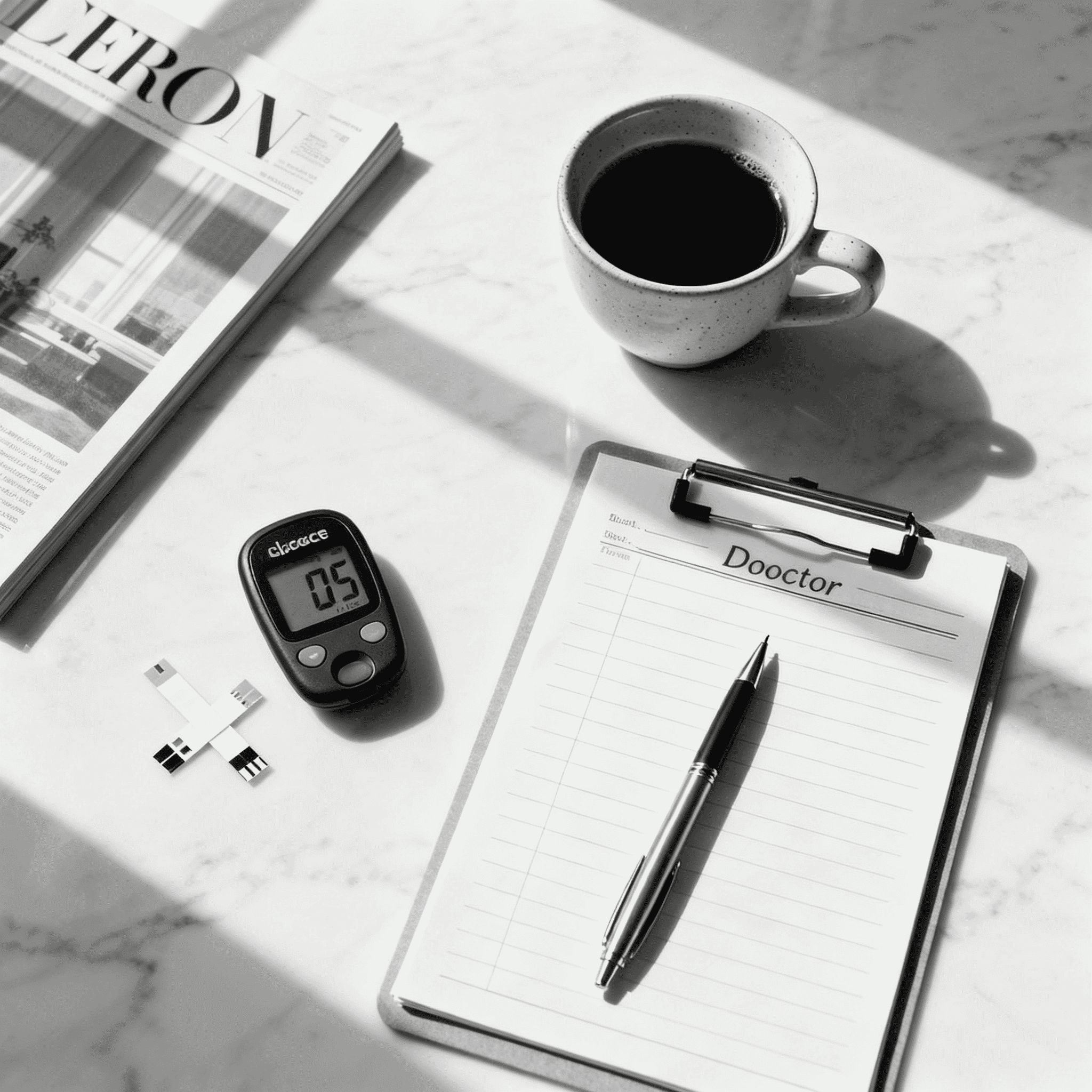 Doctor review showing is coffee good for diabetes — glucose meter and ceramic coffee cup on marble