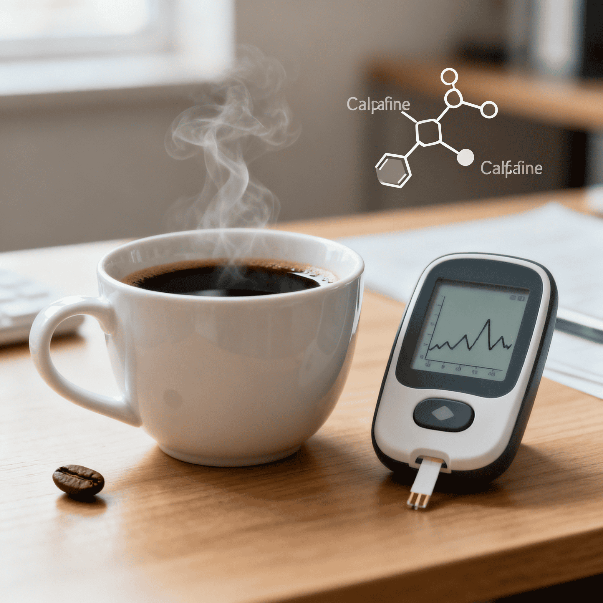 Cup of black coffee beside a digital blood glucose monitor showing a line graph, illustrating how caffeine affects blood sugar levels
