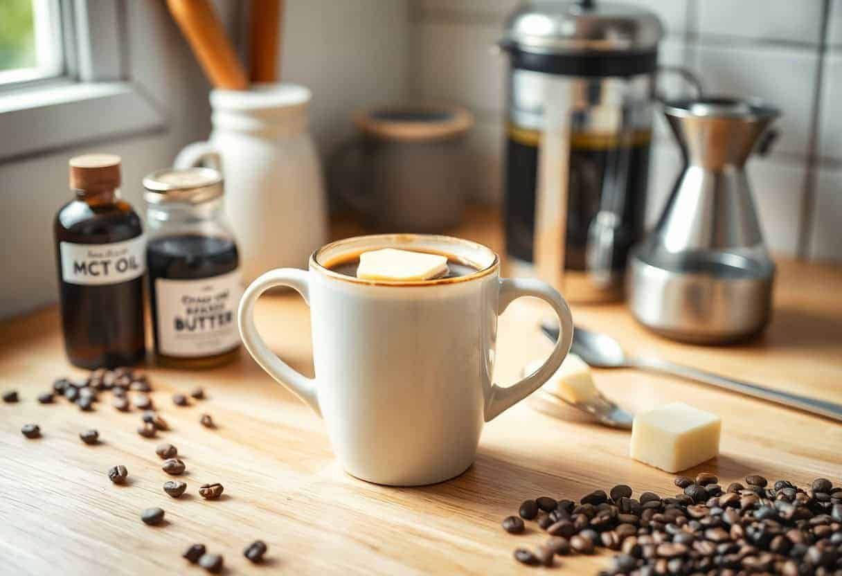 bulletproof coffee — frothy butter coffee in glass mug with grass-fed butter and MCT oil on wooden counter