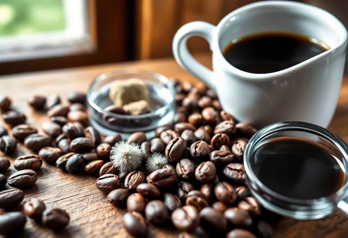 mold in coffee — close-up of green coffee beans under magnification showing mycotoxin contamination check