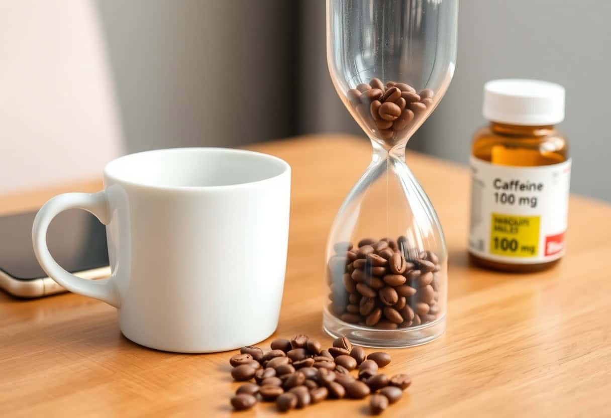 caffeine half-life — black coffee in white cup beside hourglass at golden hour cinematic photo