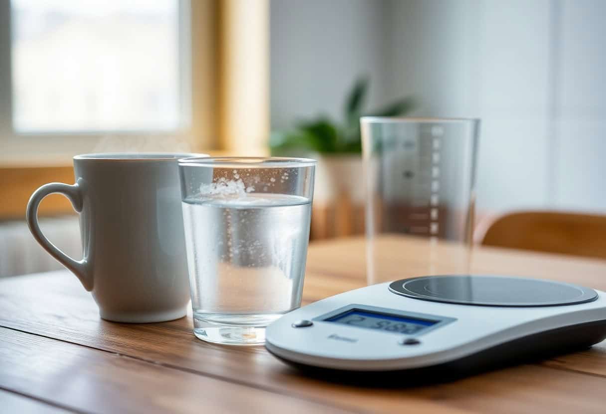 coffee dehydration myth — black coffee cup beside glass of water in soft morning light, photorealistic cinematic photo