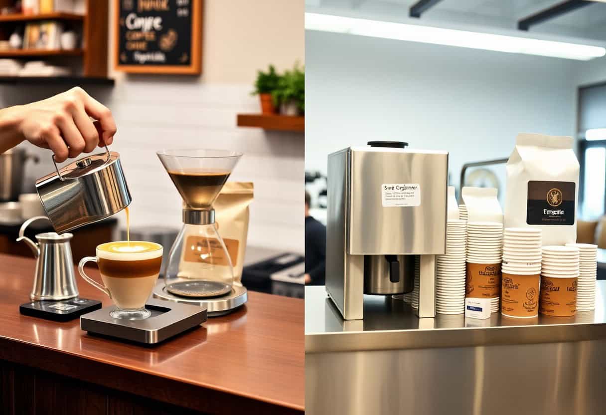 Commercial Coffee — supermarket coffee bags beside specialty whole beans