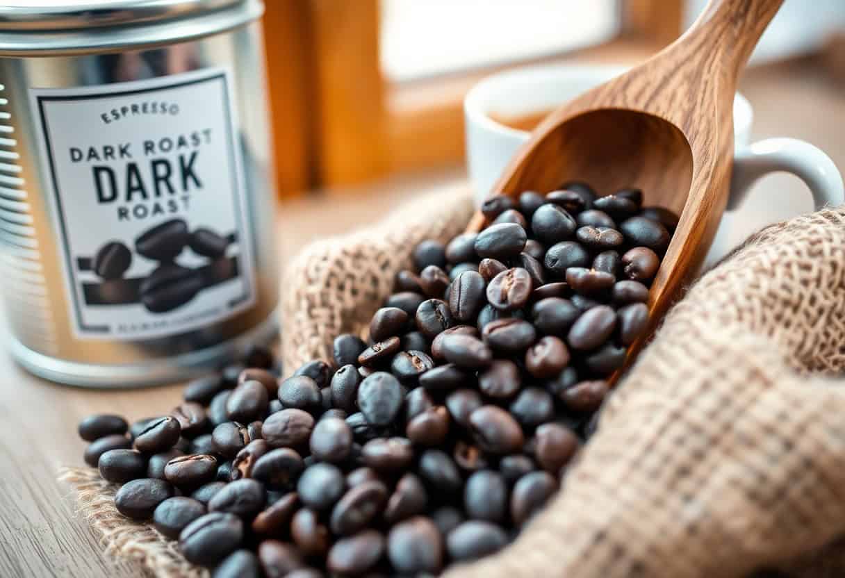 dark roast coffee beans — bold smooth roasted beans in warm light