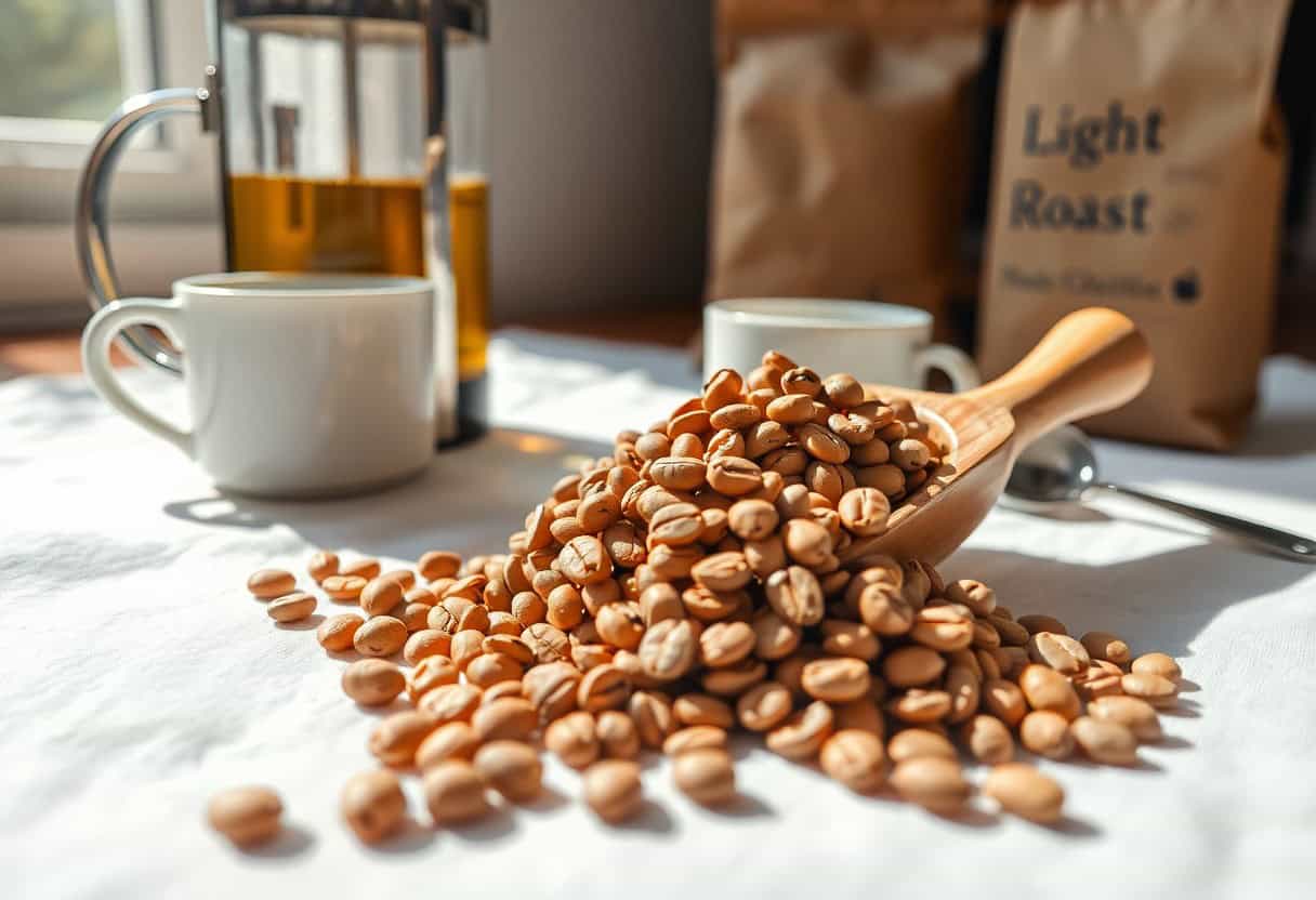 light roast coffee beans — bright smooth roasted beans in natural light