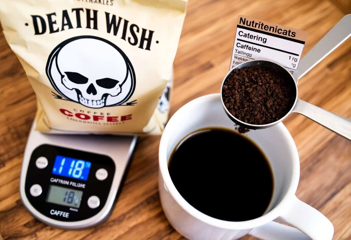 death wish coffee caffeine content — dark roast beans and brewed cup