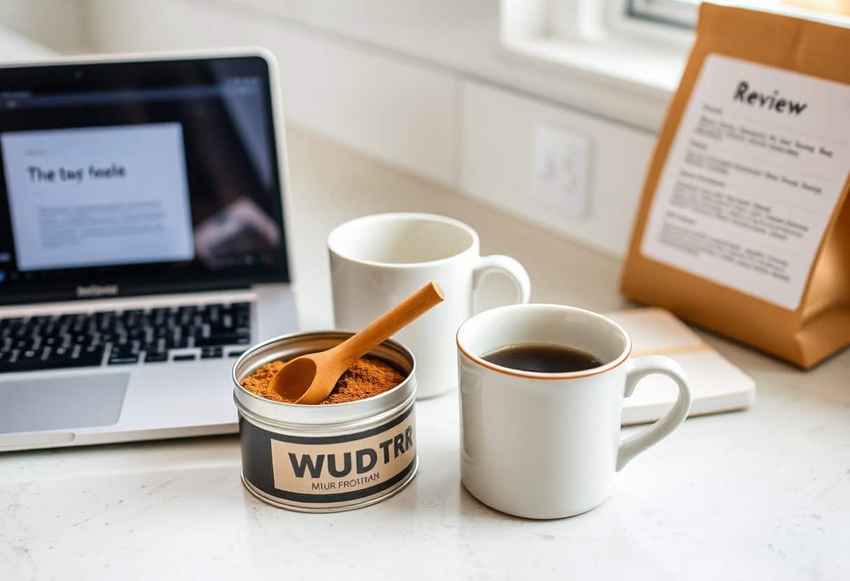 MUD WTR review — mug of mushroom coffee alternative next to cacao and chai ingredients
