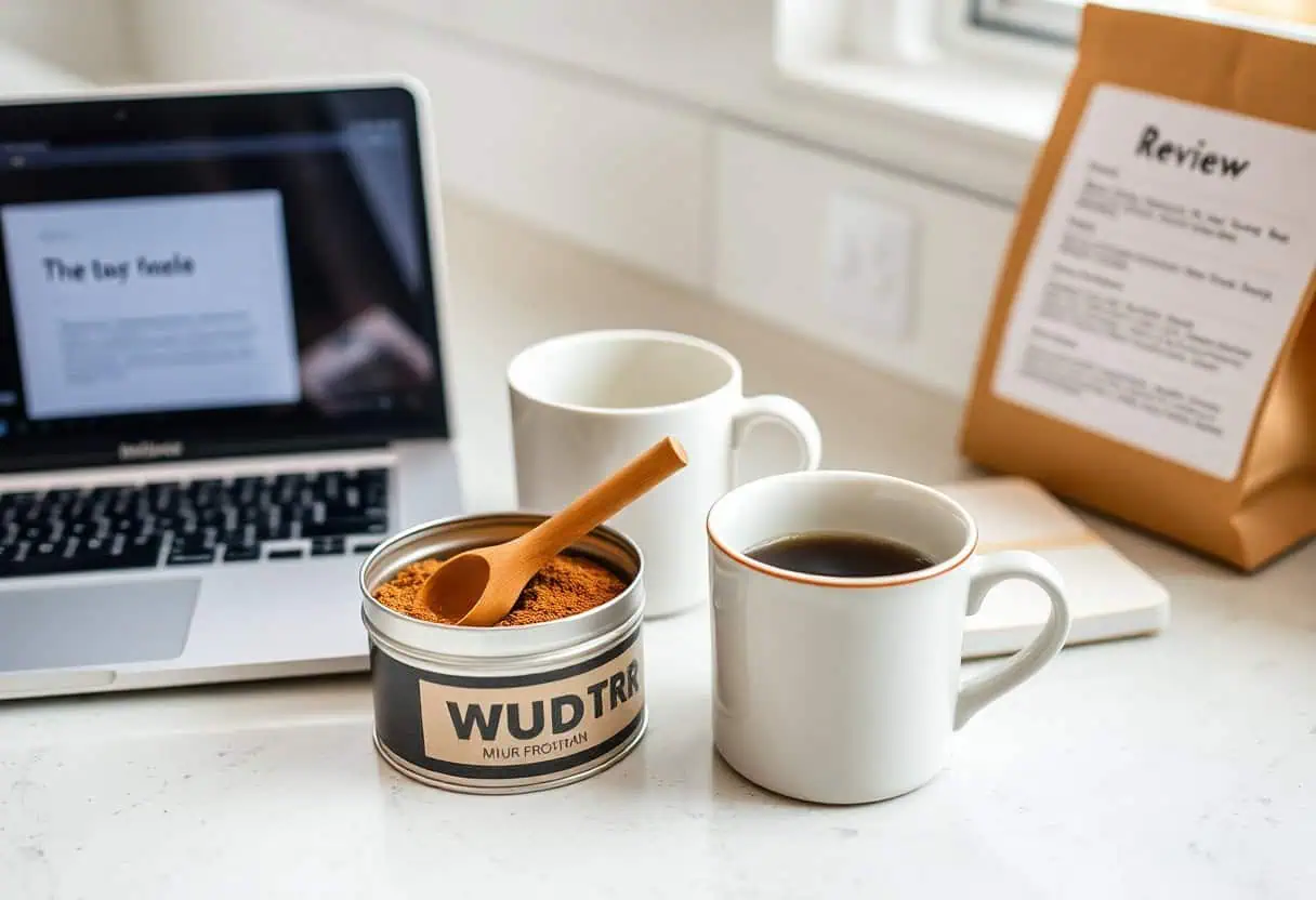 MUD WTR review — mug of mushroom coffee alternative next to cacao and chai ingredients