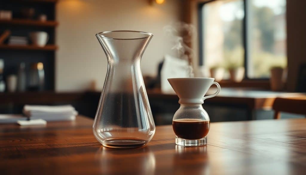 chemex vs v60 — glass pour over brewer beside ceramic v60 dripper